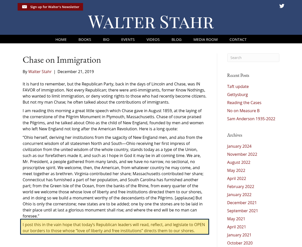 Screenshot of walterstahr.com: the post 'Chase on Immigration,' by Walter Stahr, December 21, 2019, with the final sentence marked: 'I post this in the vain hope that today's Republican leaders will read, reflect, and legislate to OPEN our borders to those whose love of liberty and free institutions directs them to our shores.'